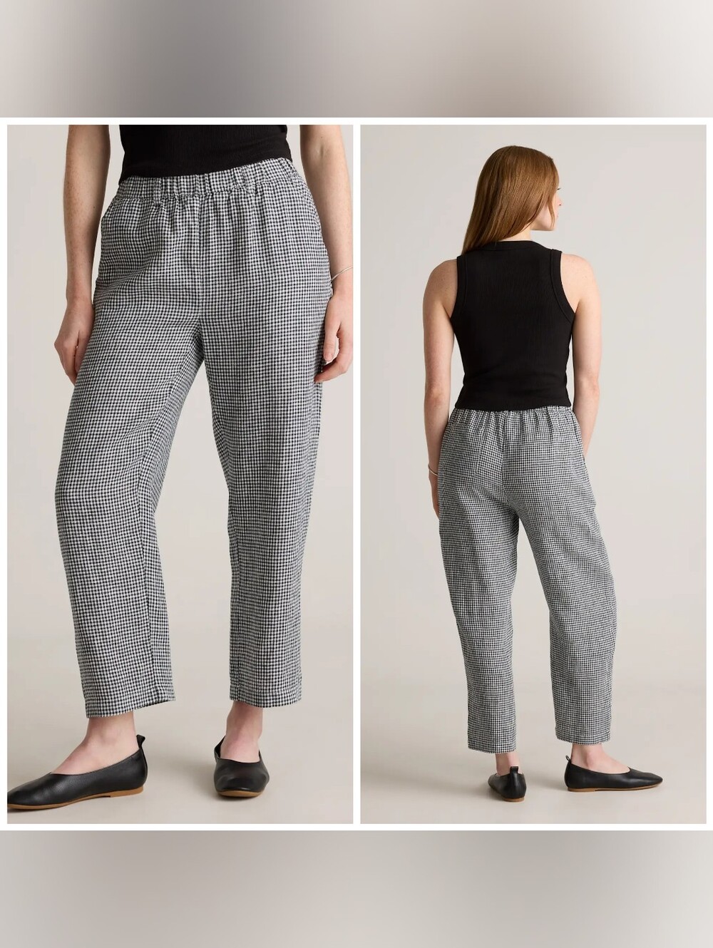 Quince Gingham 100% European Linen Pants XS Tapered Stretchy Waistband Highwaist